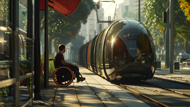 Wheelchair user boarding self-driving train