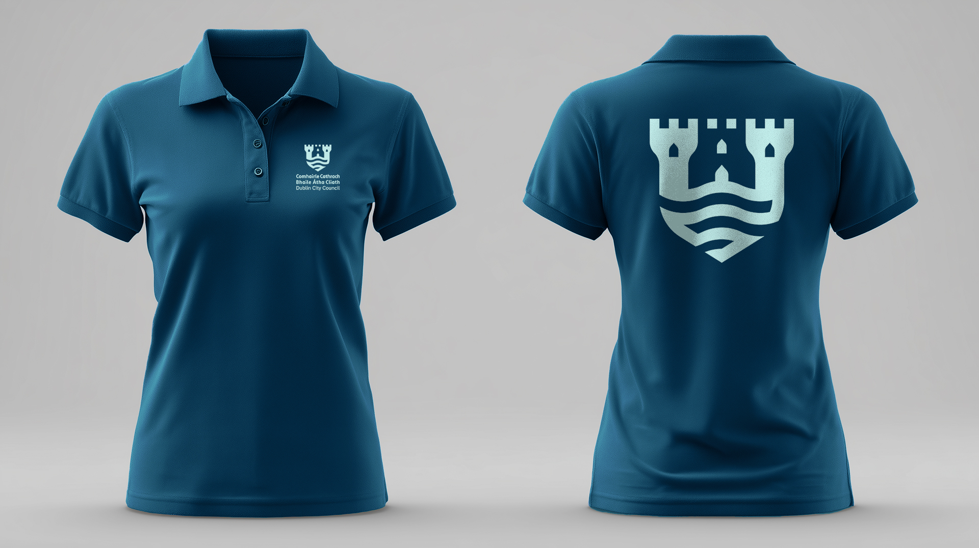 A womens navy polo shirt with the new Dublin City Council logo on the front and back